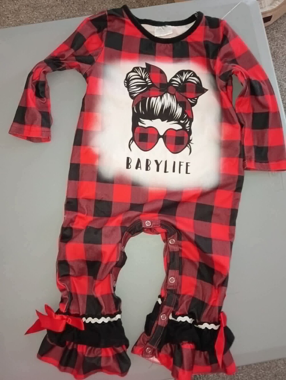 Red & Black Buffalo Plaid 'BabyLife' Girls One-Piece Romper 12-18m